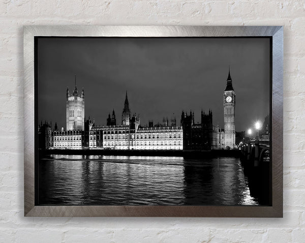 London Thames Houses Of Parliament B n W Night Framed Print