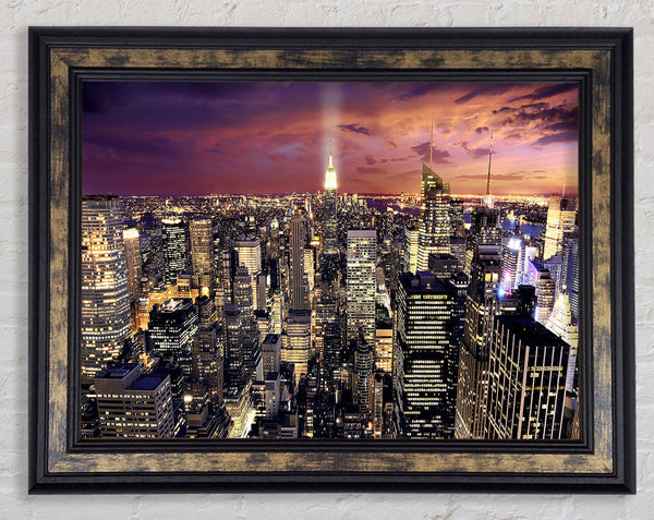 Manhattan Aerial View At Night Framed Print
