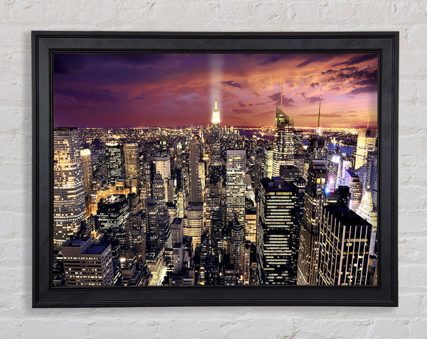 Manhattan Aerial View At Night Framed Print