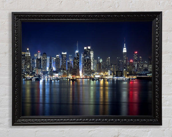 Manhattan Panorama At Night Framed Print