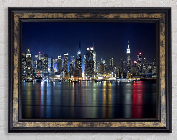 Manhattan Panorama At Night Framed Print