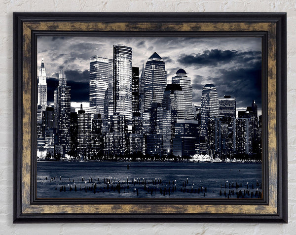 Manhattan Panorama In Blue Framed Print