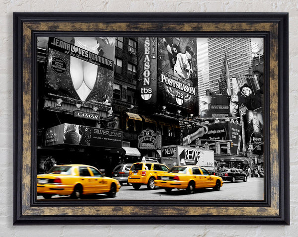 Nyc Broadway Cabs B n W Yellow Framed Print