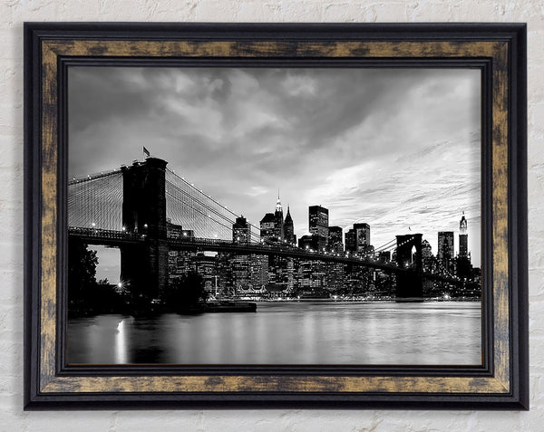NYC Brooklyn Bridge B n W Cloudy Night Framed Print