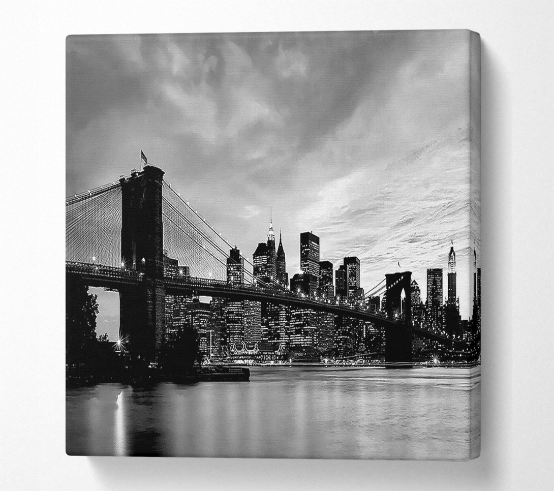  A Canvas Print of NYC Brooklyn Bridge B n W Cloudy Night Canvas Art