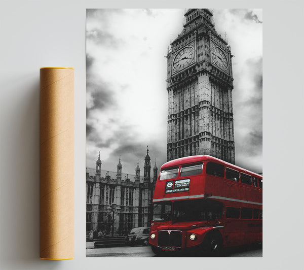 Red London Bus Big Ben B N W Print