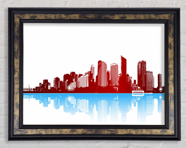 Red New York In Blue Reflections Framed Print