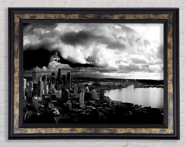 Storm Over City B n W Framed Print