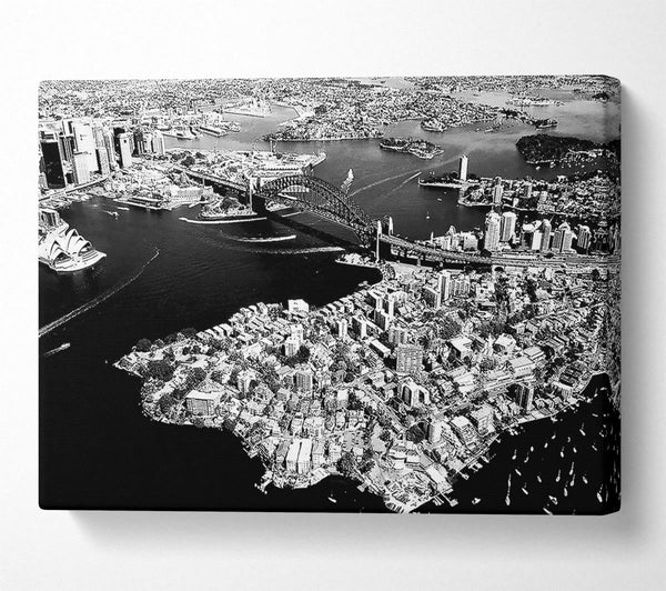  A Canvas Print of Sydney Harbour Bridge Ariel View B n W Canvas Print