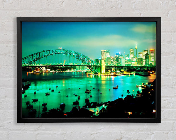 Sydney Harbour Bridge Green Glow Framed Print