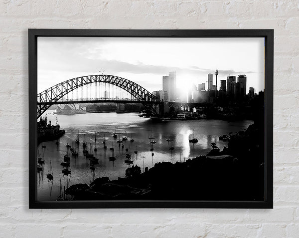 Sydney Harbour Sun Blaze B n W Framed Print