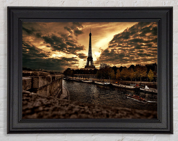 Eiffel Tower Sepia Clouds Framed Print