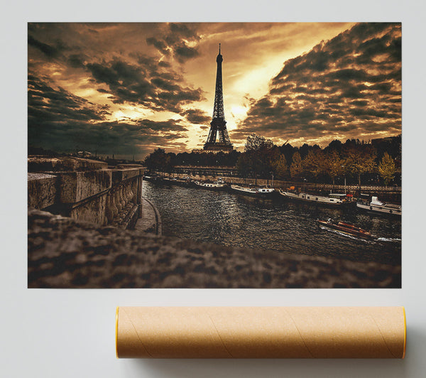 Eiffel Tower Sepia Clouds Poster