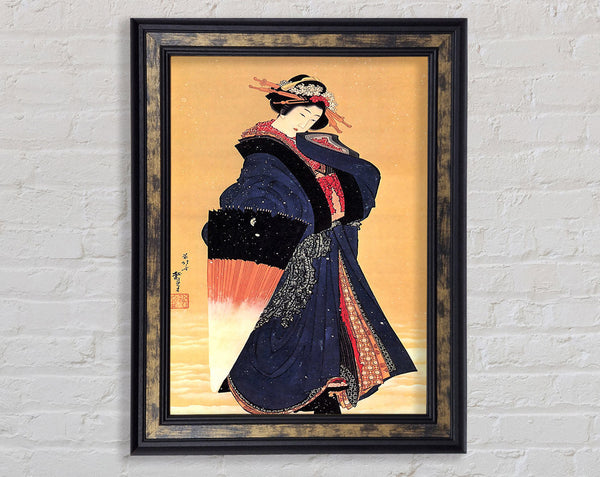 Hokusai Beauty With Umbrella In The Snow Framed Print