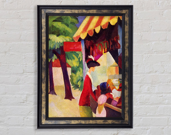 August Macke Before Hutladen Woman With A Red Jacket And Child Framed Print