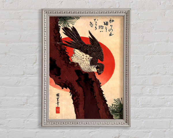 Hiroshige Falke auf einer Kiefer mit aufgehender Sonne
