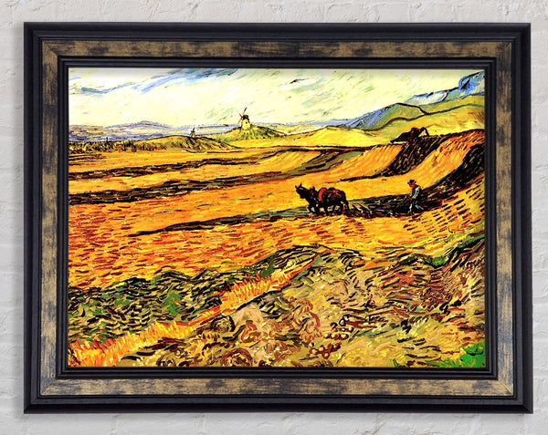 Van Gogh Field With Ploughman And Mill Framed Print