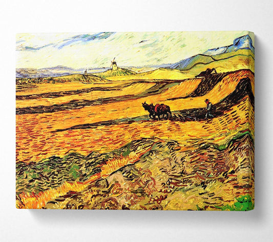 Van Gogh Field With Ploughman And Mill Canvas Wall Art