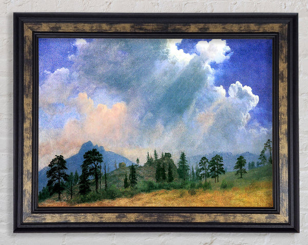 Bierstadt Fir Trees And Storm Clouds Framed Print