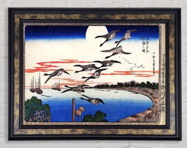 Hiroshige Geese Descending Over A Bay Framed Print
