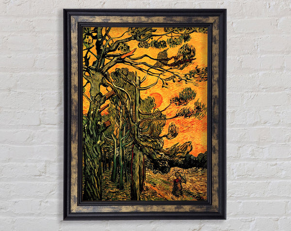 Van Gogh Pine Trees Against A Red Sky With Setting Sun Framed Print