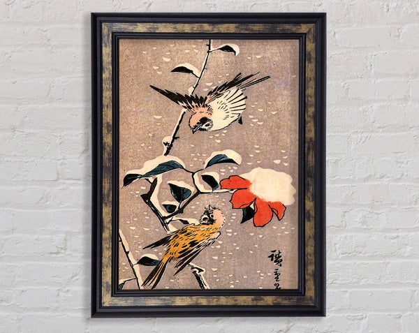 Hiroshige Sparrows And Camelias With Snow Framed Print
