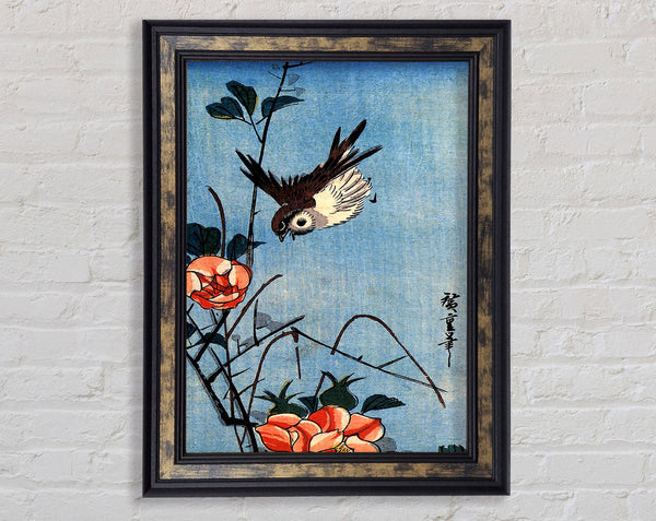 Hiroshige Sparrows And Wild Rose Framed Print