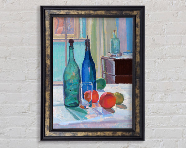 Spencer Frederick Gore Blue And Green Bottles And Oranges Framed Print