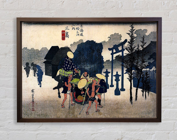 Hiroshige-Reisende kommen an einem Schrein vorbei