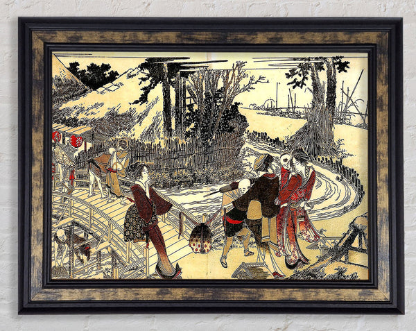 Hokusai Village Near A Bridge Framed Print