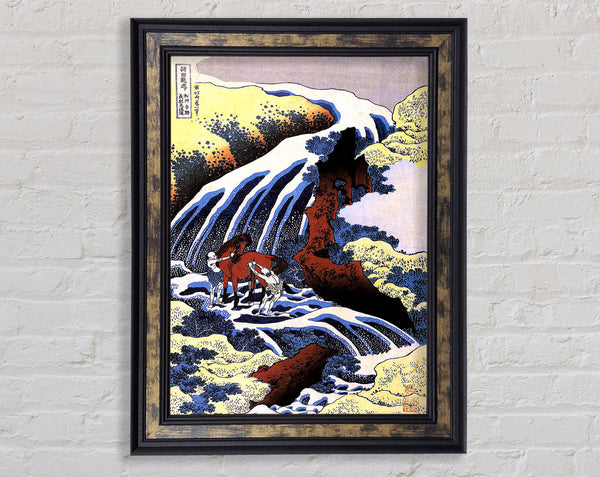 Hokusai Waterfall And Horse Washing Framed Print