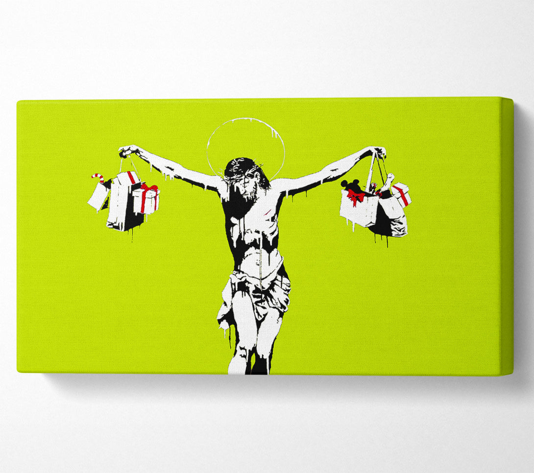  A Canvas Print of Banksy Thank Christ For Shopping Lime Canvas Print
