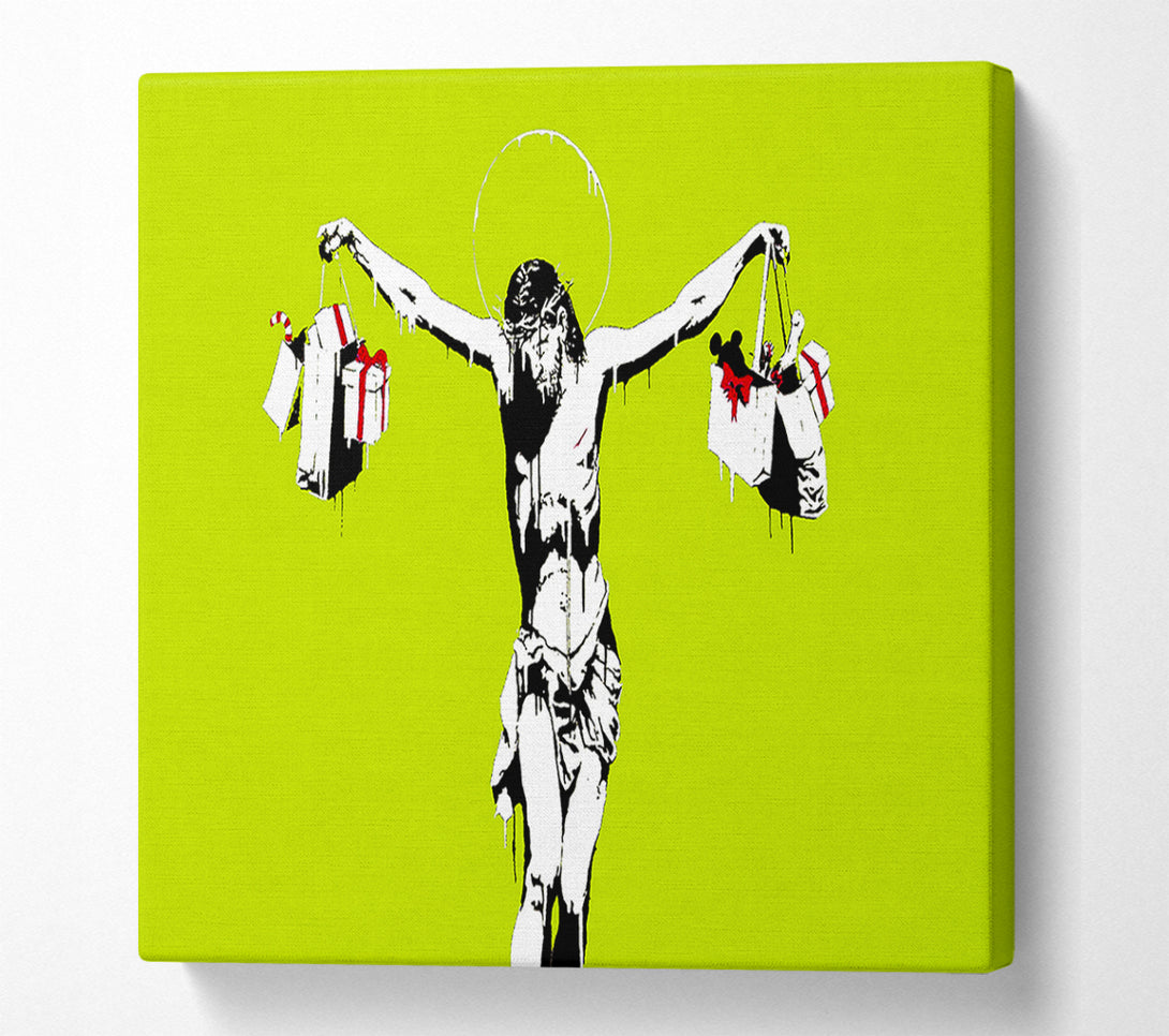  A Canvas Print of Banksy Thank Christ For Shopping Lime Canvas Print