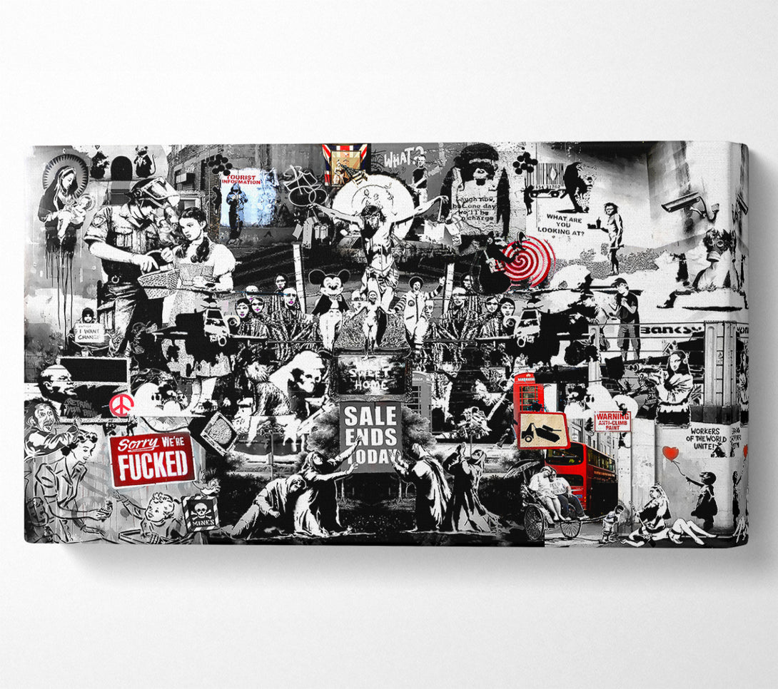  A Canvas Print of Banksy Collage 1 B n W Canvas Print
