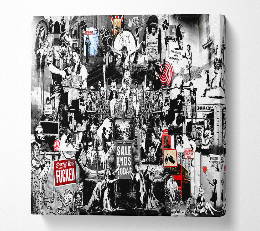  A Canvas Print of Banksy Collage 1 B n W Canvas Print