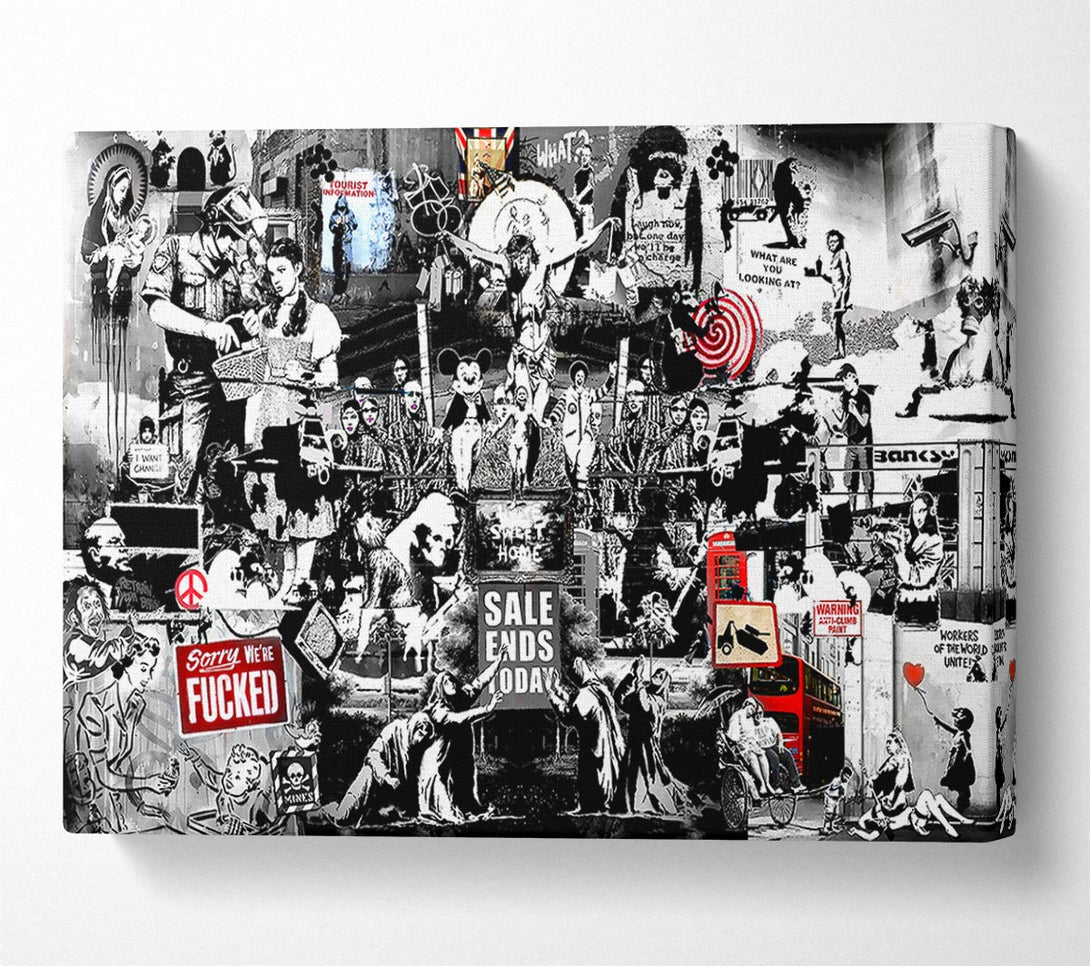  A Canvas Print of Banksy Collage 1 B n W Canvas Print