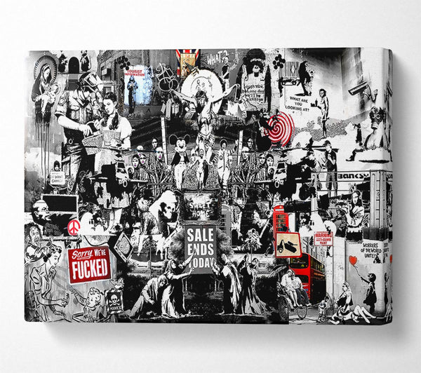  A Canvas Print of Banksy Collage 1 B n W Canvas Print