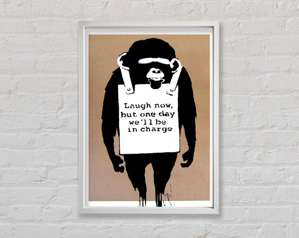 Banksy Laugh Now Monkey Beige Framed Print
