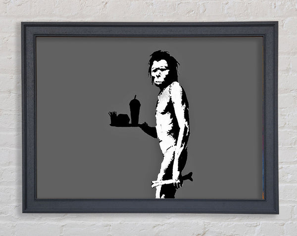 Banksy Mcdonalds Caveman Grey Framed Print