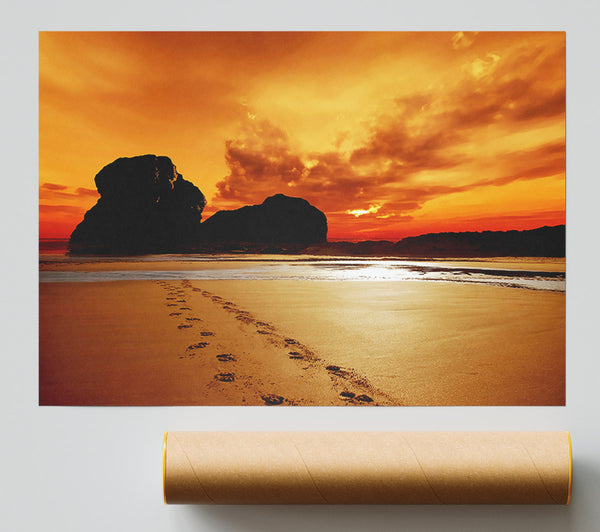 Footprints In The Orange Ocean Sand Poster