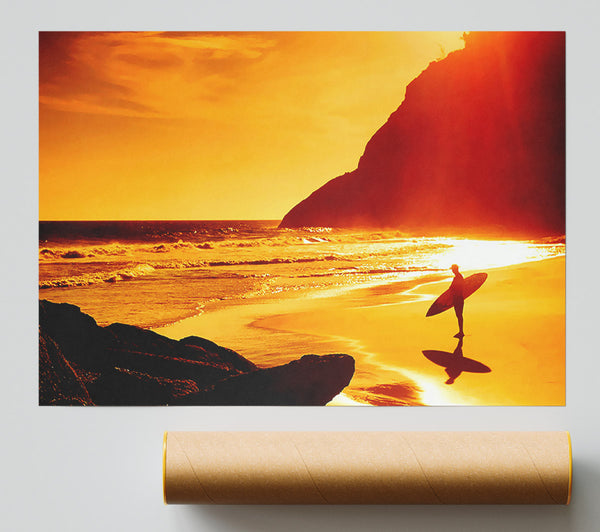 Surfer At Dawn Orange Poster