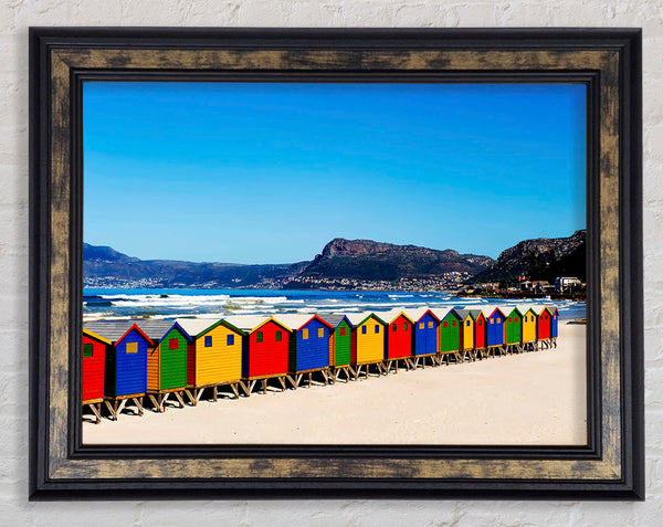Colourful Beach Hut Line-Up Framed Print