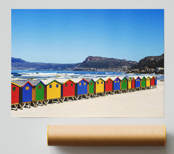 Colourful Beach Hut Line-Up Poster