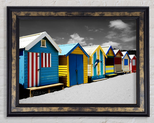 Colourful Beach Huts On B n W Framed Print