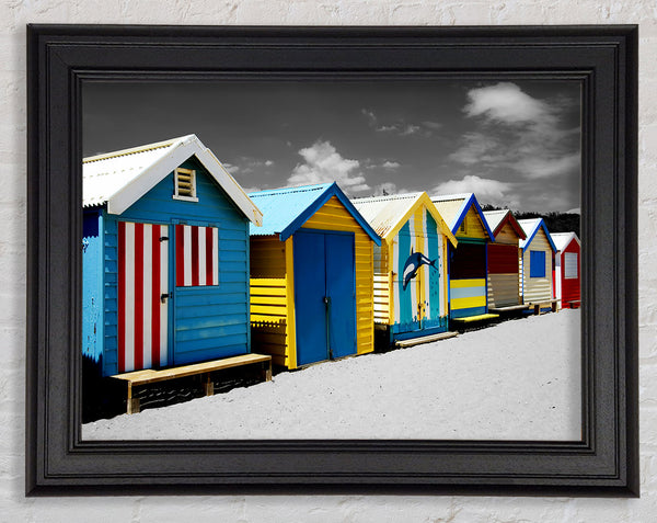 Colourful Beach Huts On B n W