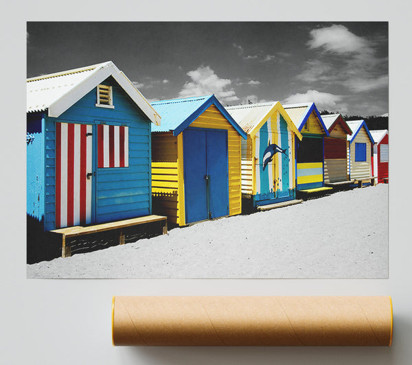 Colourful Beach Huts On B N W Poster