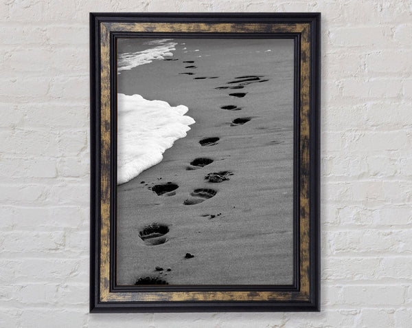 Footprints In The Ocean Sand B n W- Framed Print