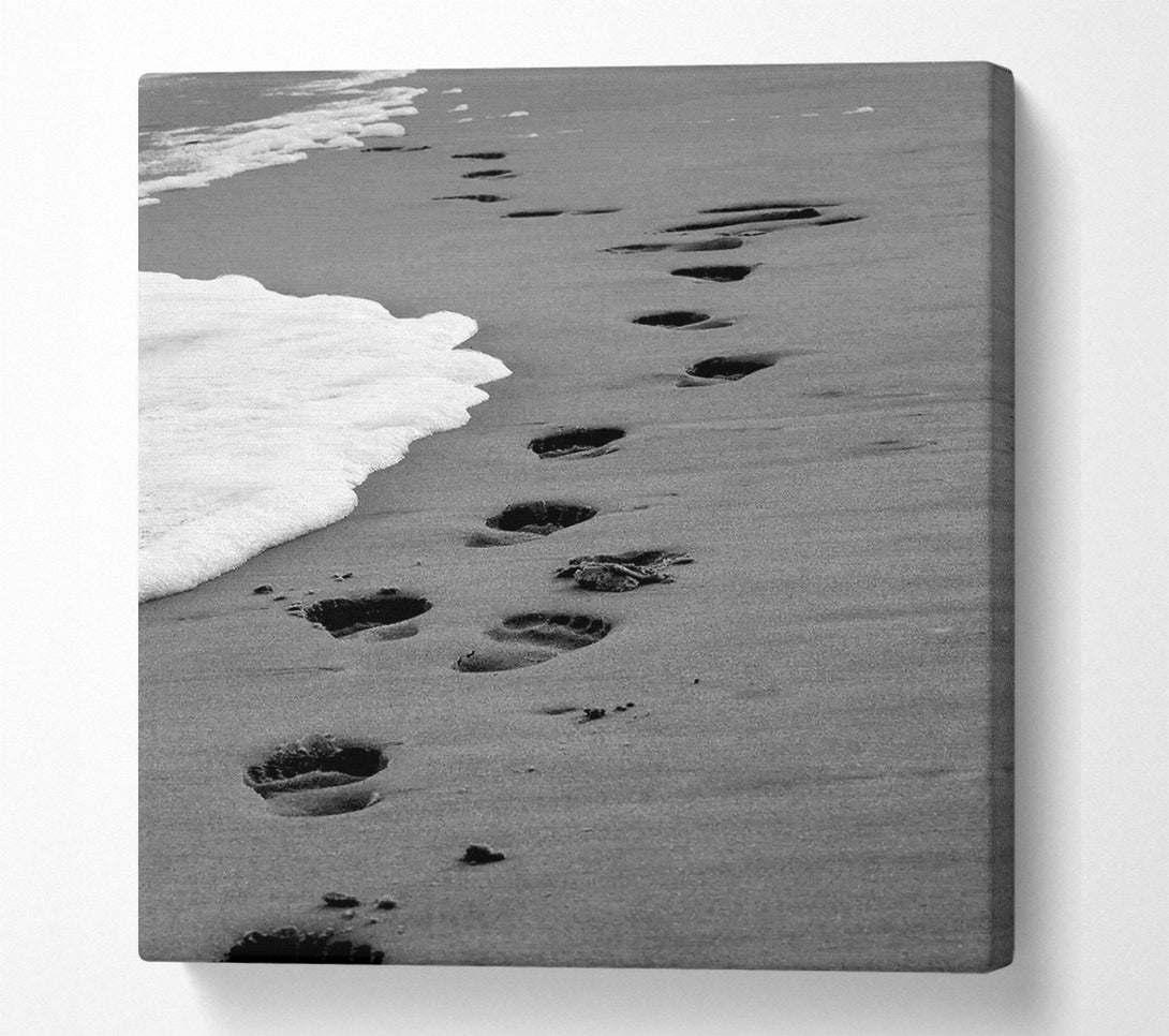  A Canvas Print of Footprints In The Ocean Sand B n W- Canvas Art