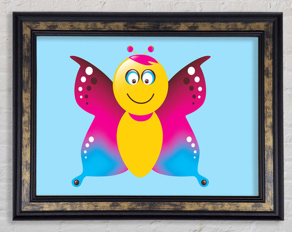 Butterfly Cartoon Face Baby Blue Framed Print