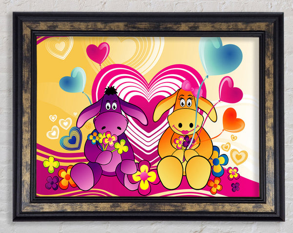Donkeys And Hearts Celebration White Framed Print